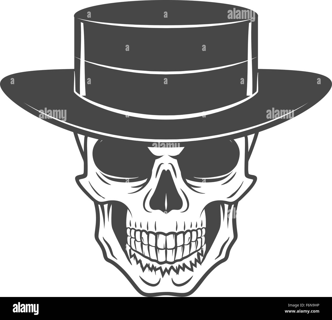 Wild-West-Schädel mit Hut. Lächelnde Rover-Logo-Vorlage. Wollte sterben oder lebendig Porträt. Hoher Weg Mann t-shirt-design Stock Vektor