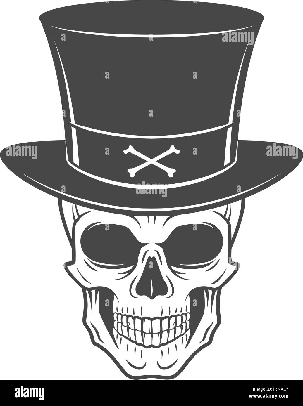 Steampunk Skelett mit Hi-Hat. Lächelnd viktorianischen Bandit-Logo-Vorlage. Wollte sterben oder lebendig Porträt. Hoher Weg Mann t-shirt-design Stock Vektor