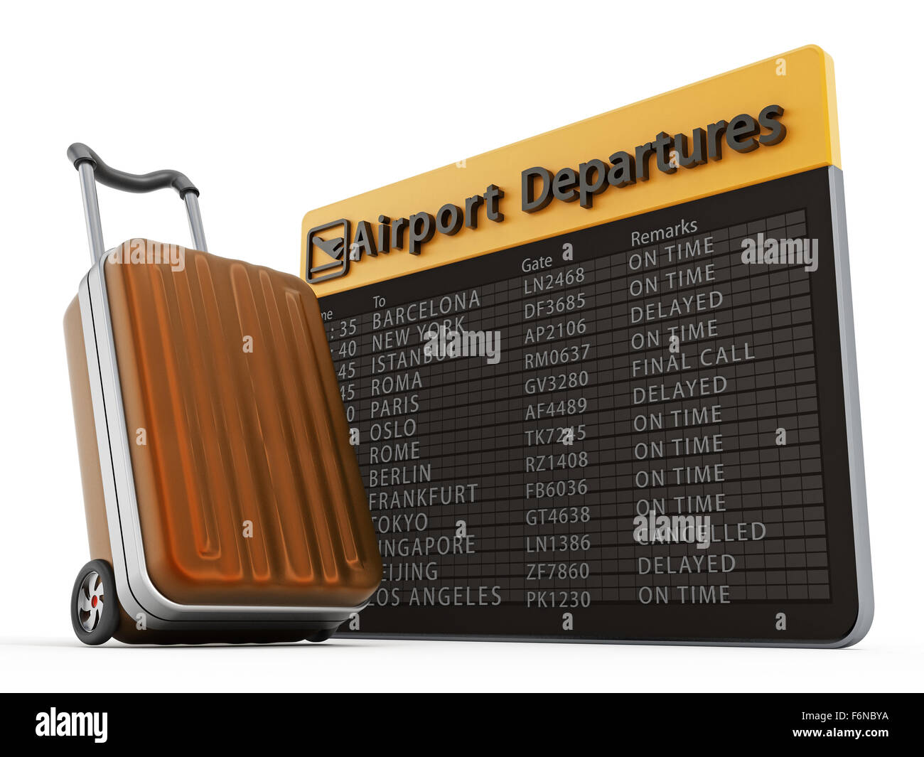 Flughafen-Abfahrtstafel und Koffer isoliert auf weißem Hintergrund Stockfoto