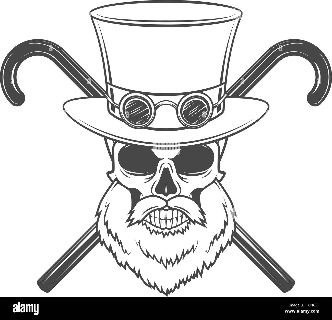 Alten bärtigen Steampunk Gentleman Schädel mit Brille und Zylinder Hut Stock Vektor
