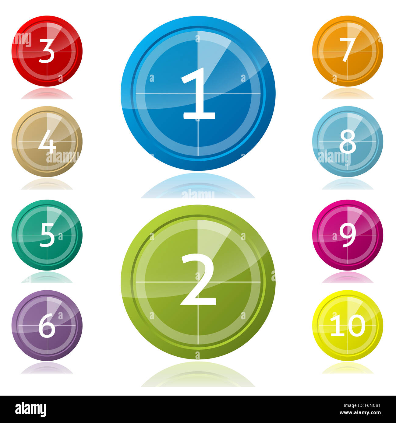 Glänzende 3d Buttons mit Countdown-Pie und Zahlen Stockfoto