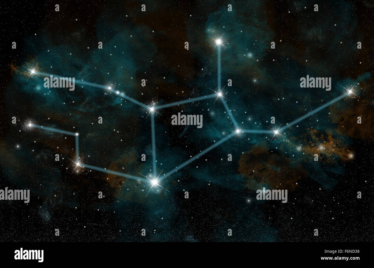 Eine künstlerische Darstellung im Sternbild Virgo Jungfrau. Das Sternbild enthält den Stern Spica und die schöne Galaxie Stockfoto