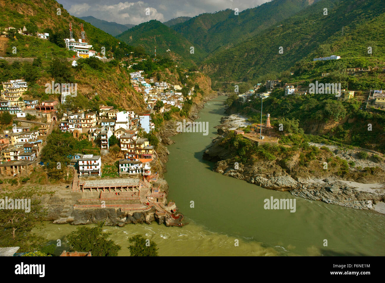 Alaknanda Bhagirathi Zusammenfluss, Garhwal, Uttarakhand, Indien, Asien Stockfoto