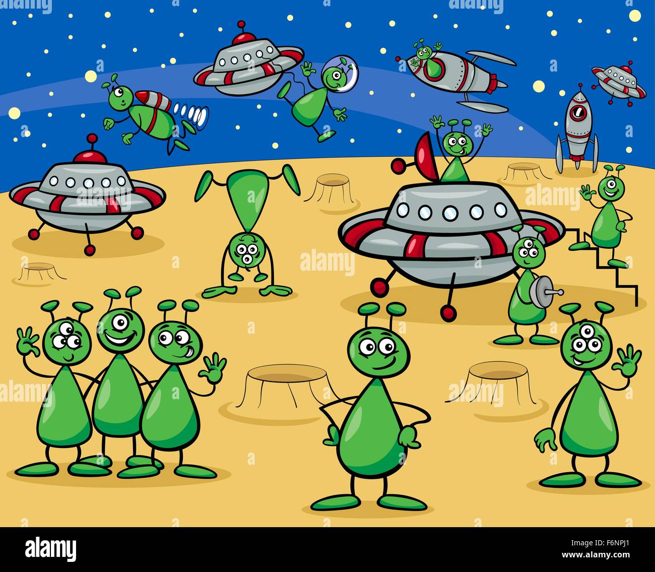 Cartoon Illustrationen von Fantasy Aliens oder Marsmenschen Characters Group mit Ufo Stock Vektor