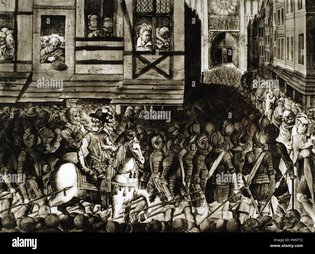 Eingang von Heinrich IV. von Frankreich (1553 – 1610) in Paris, 22 März 1594, mit 1,500 Kürassiere. Gravur. Stockfoto