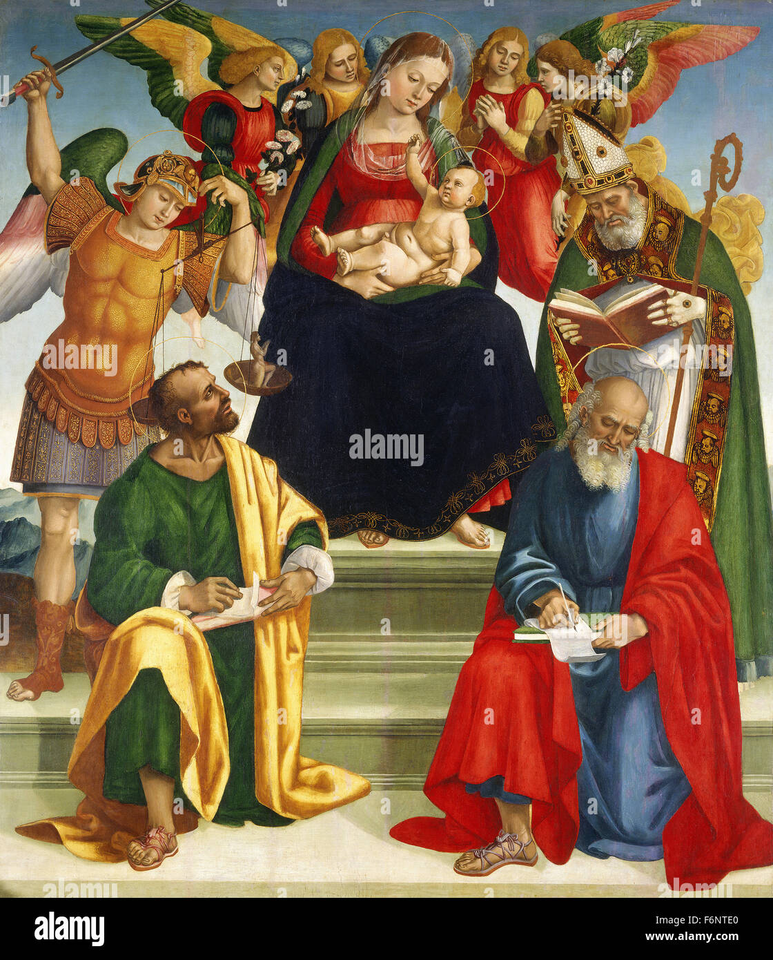 Luca Signorelli - Madonna mit Kind und Heiligen und Engeln Stockfoto