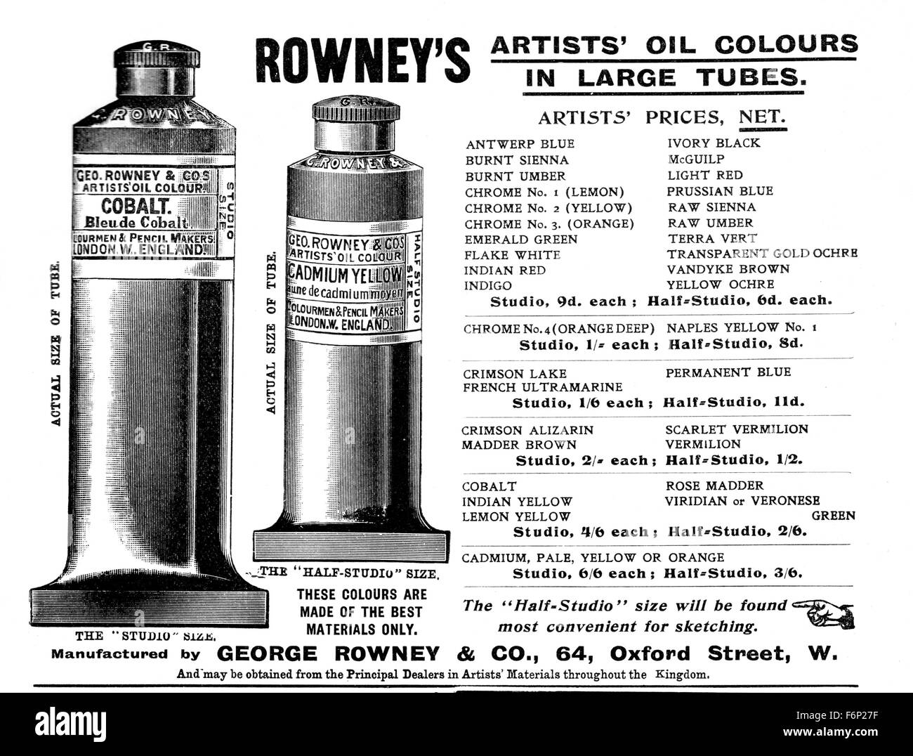 Des Künstlers Rowney Ölfarbe Werbung aus dem Jahre 1903 Studio, Magazine, Stockfoto
