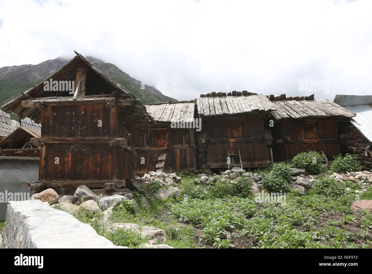 SPITI VALLEY - Blick der traditionellen hölzernen Häuser in Chitkul Dorf, Himachal Pradesh, Indien Stockfoto