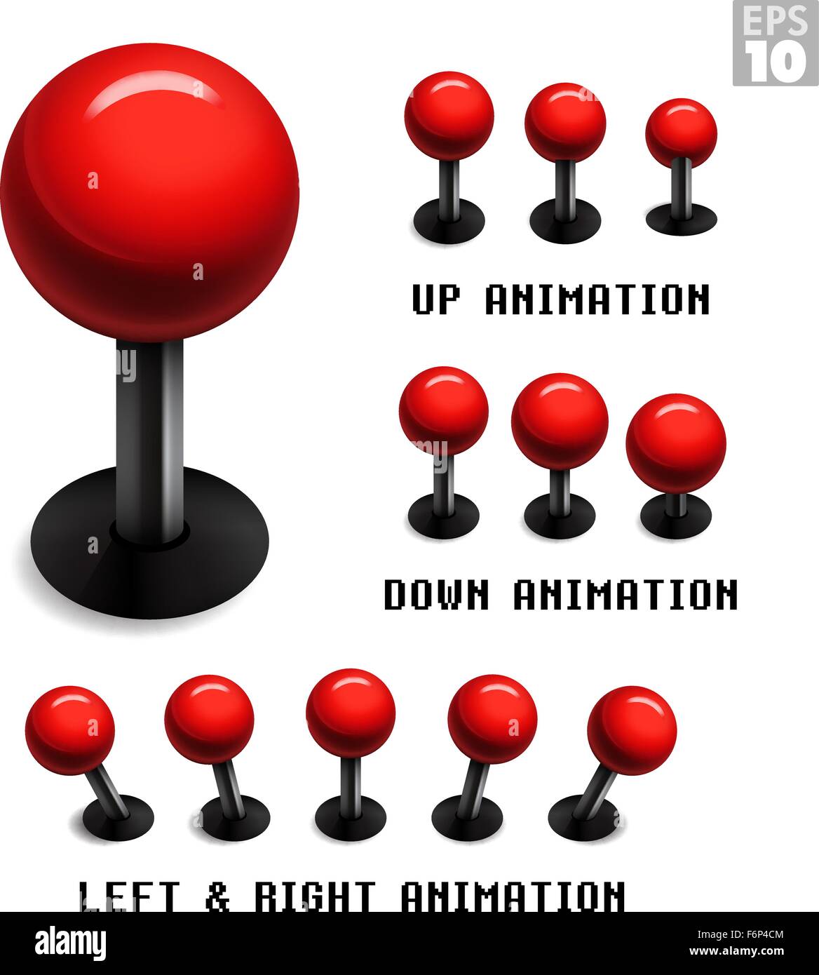 Klassische rote Arcade-Spiel Joystick mit animierten Stills in oben, unten, linke und Rechte Bewegungen. Stock Vektor