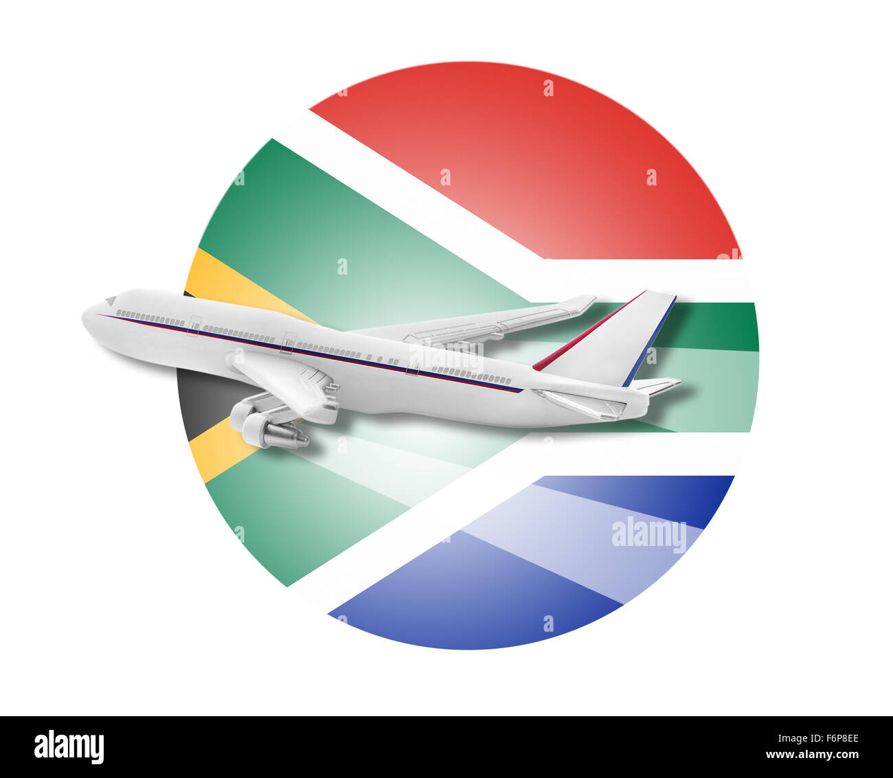 Flugzeug und Südafrika Flagge. Stockfoto