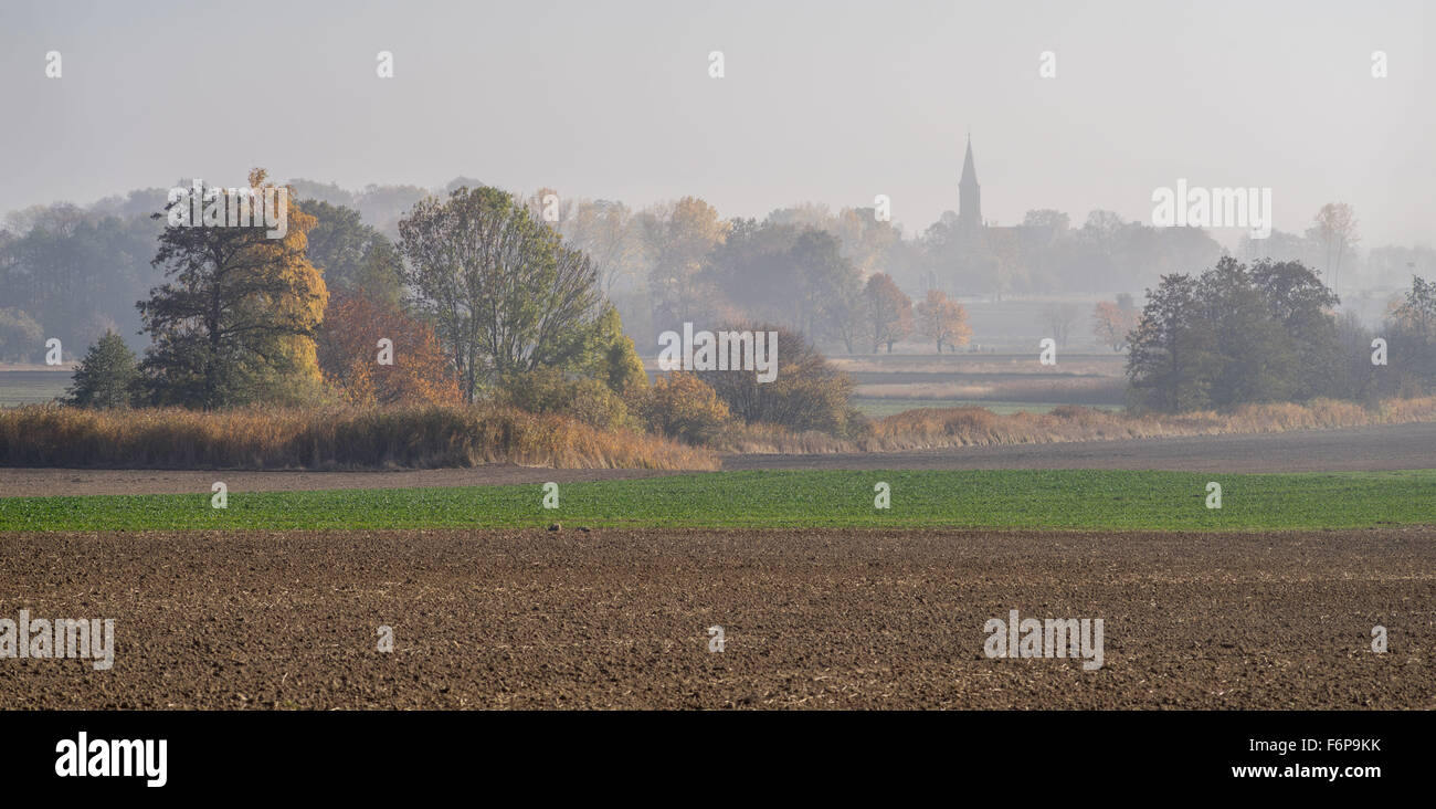 Bunte dunstigen sonnigen Herbst Landschaft Niederschlesien Stockfoto