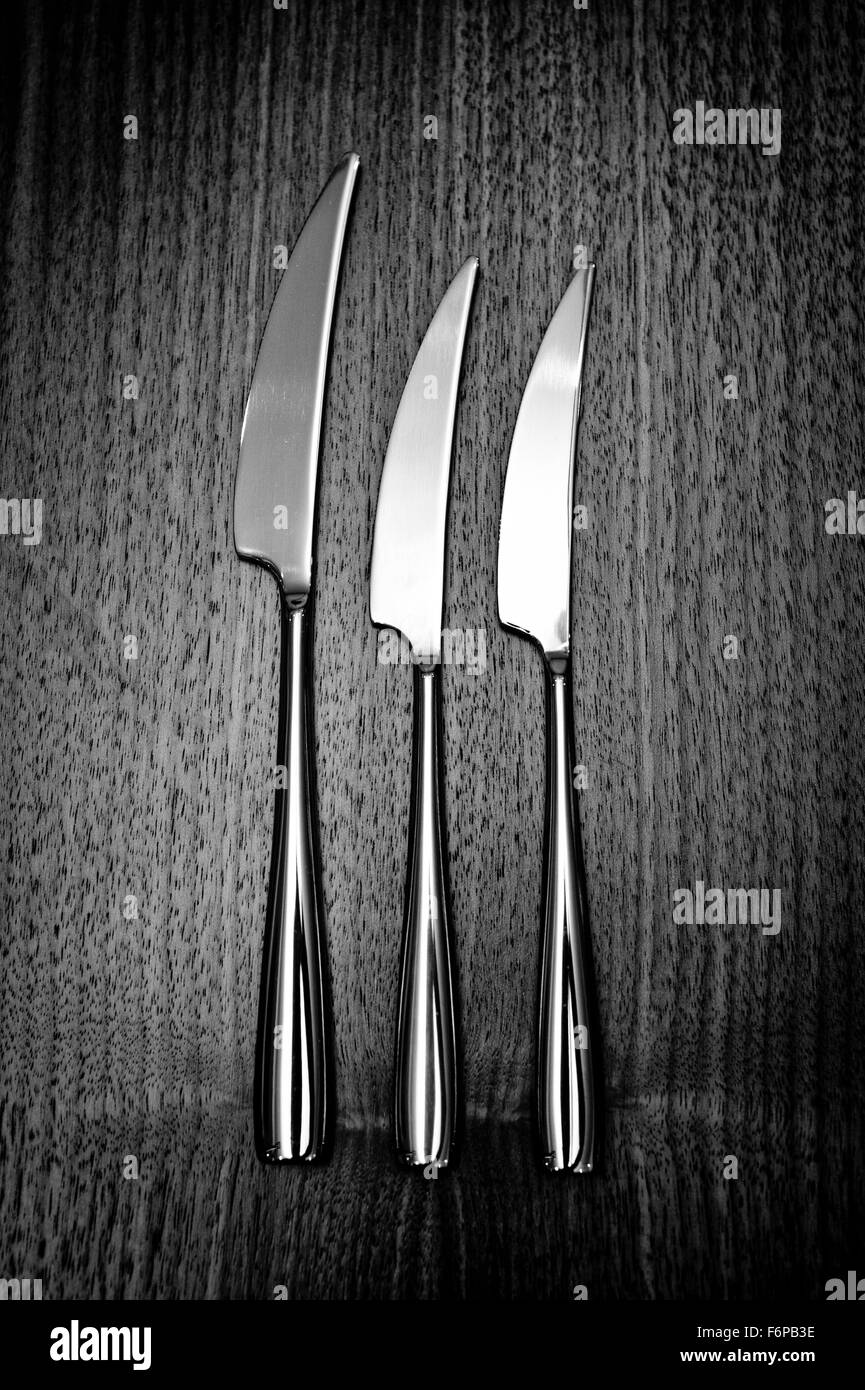 Moderne Messer am gedeckten Tisch Platz in einem Restaurant in schwarz & weiß Stockfoto