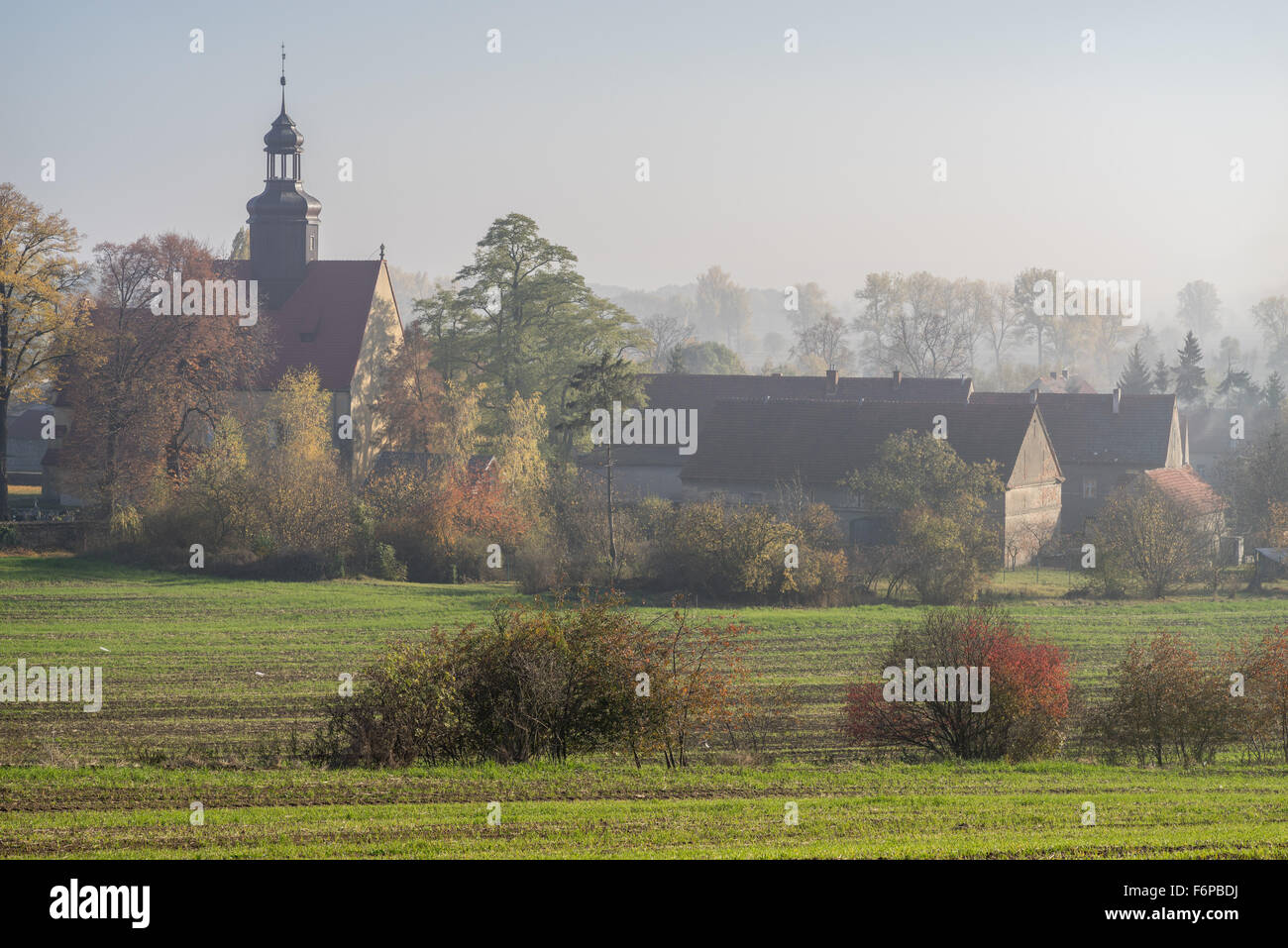 Nebligen Herbstmorgen über Dorf Moscisko Niederschlesien Stockfoto