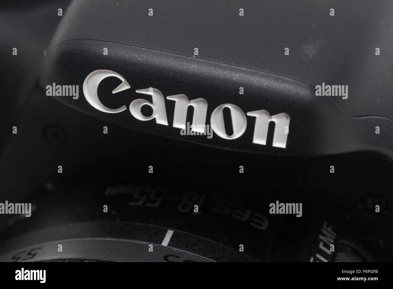 Nahaufnahme von einer Canon-Kamera-logo Stockfoto