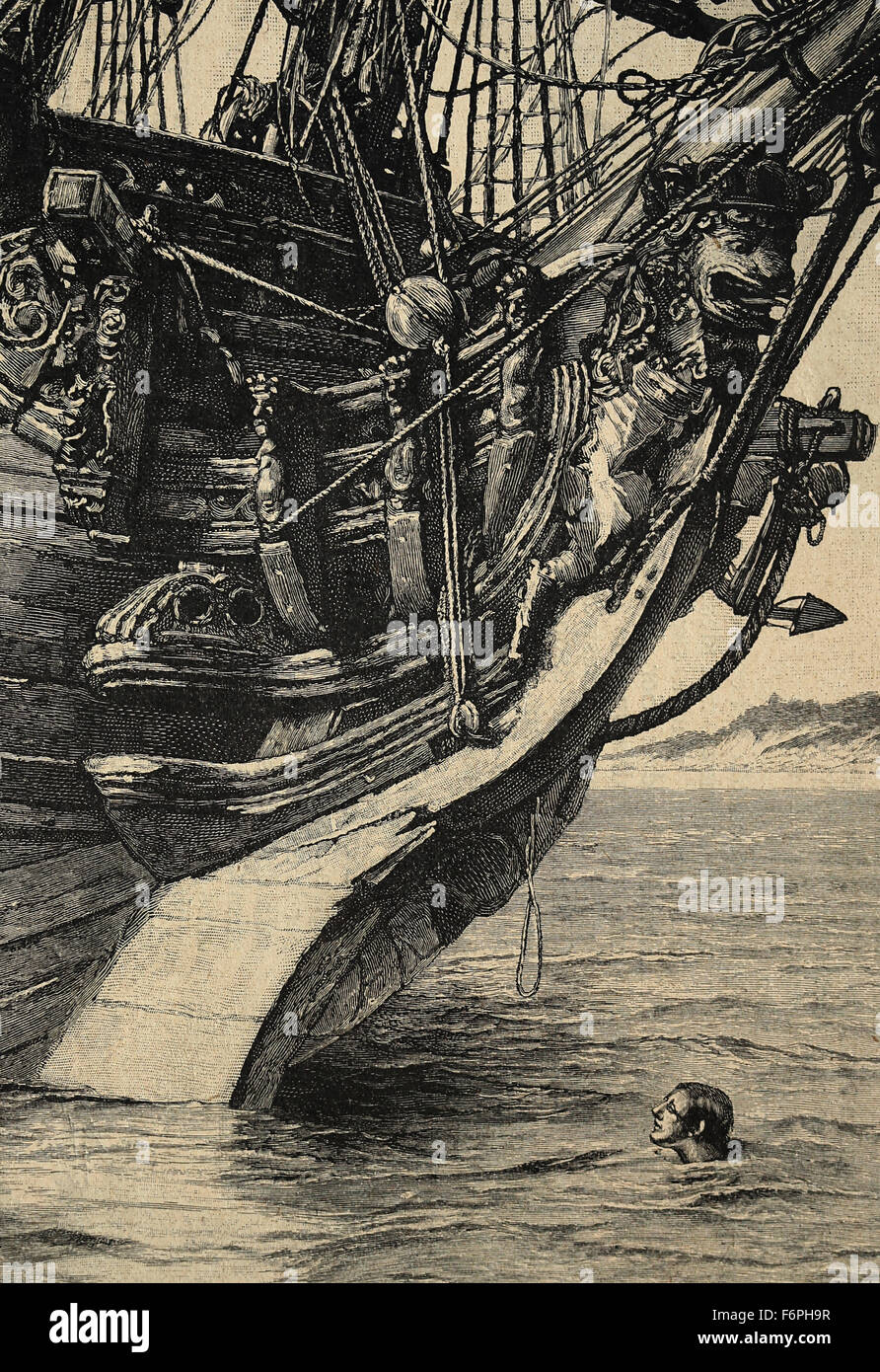 Robinson Crusoe. Roman von Daniel Defoe, veröffentlicht, 1719. "Ich erblickte ein kleines Stück Seil". Illustriert von Walter Paget. Stockfoto