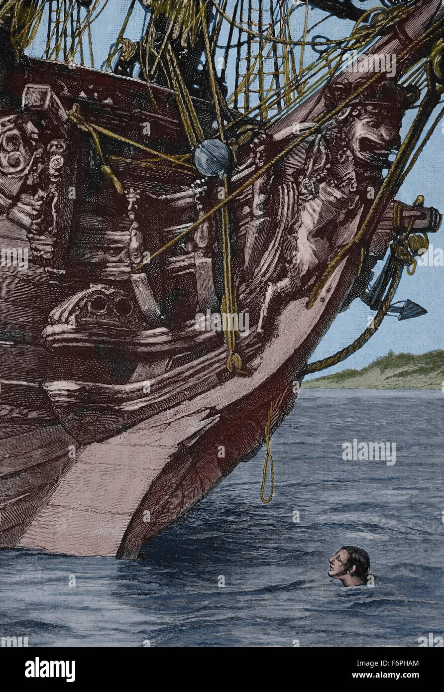 Robinson Crusoe. Roman von Daniel Defoe, veröffentlicht, 1719. "Ich erblickte ein kleines Stück Seil". Illustriert von Walter Paget. Farbe. Stockfoto