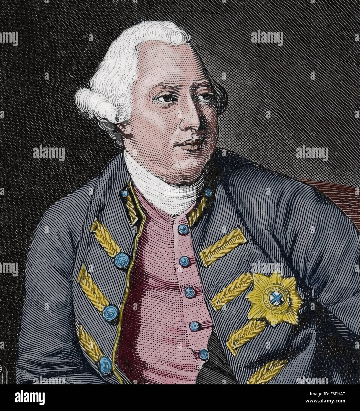 George III des Vereinigten Königreichs (1738-1820). König von Großbritannien und Irland. Haus von Hannover. Porträt. Gravur. Farbige. Stockfoto