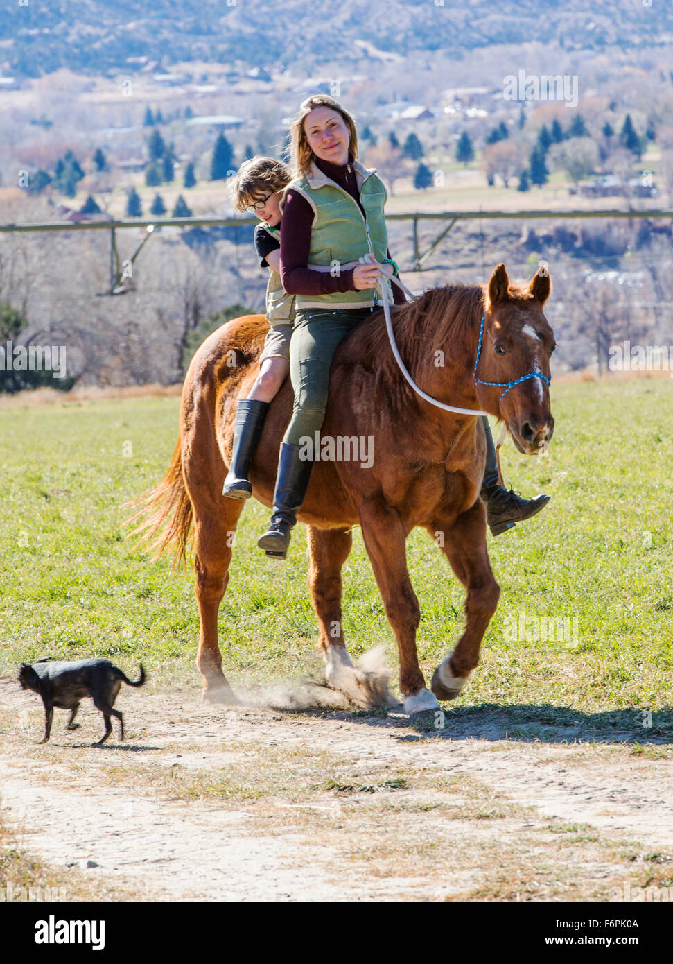 Attraktive Mutter und seinem kleinen Sohn Reiten auf der Ranch Weide Stockfoto