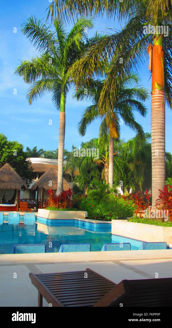 Pool für schöne Erwachsene mit balinesischen Betten in einem Resort in der Riviera Maya, Mexiko Stockfoto