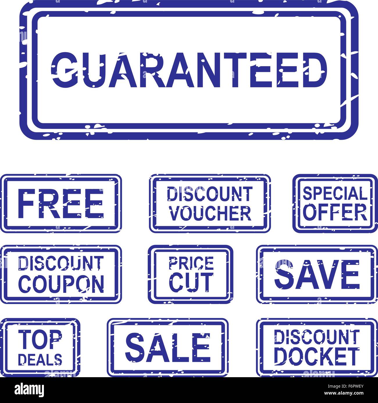 Satz von blauen Stempel für Verkauf Geschäftskonzepte, einschließlich garantierter, kostenlos, sparen, Verkauf, Rabatt-Coupon und Sonderangebot Stock Vektor