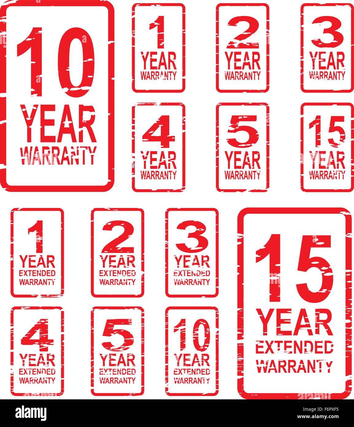 Roter Stempel Vektor für Garantie-Konzept, inklusive 1, 2, 3, 4, 5, 10 und 15 Jahre erweiterte Garantie Stock Vektor