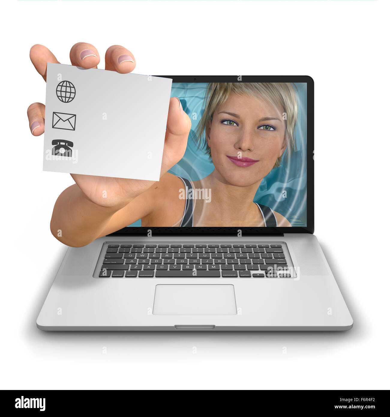 Junge Frau die Hand ausstrecken von innen einen Laptop-Computer hält eine Visitenkarte mit einem Logo mit Raum für das Hinzufügen von Kontaktinformationen deta Stockfoto