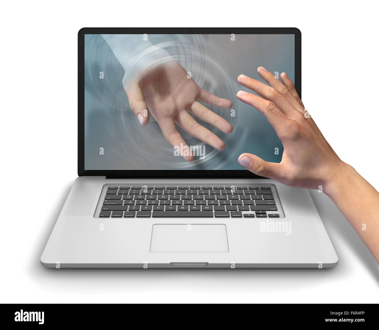 Helfende Hand erreicht durch Laptop-Computer Bildschirm ihre Benutzer Hilfe und Unterstützung anzubieten. Wer ist gegenüber der Gleitschuh erreichen Stockfoto
