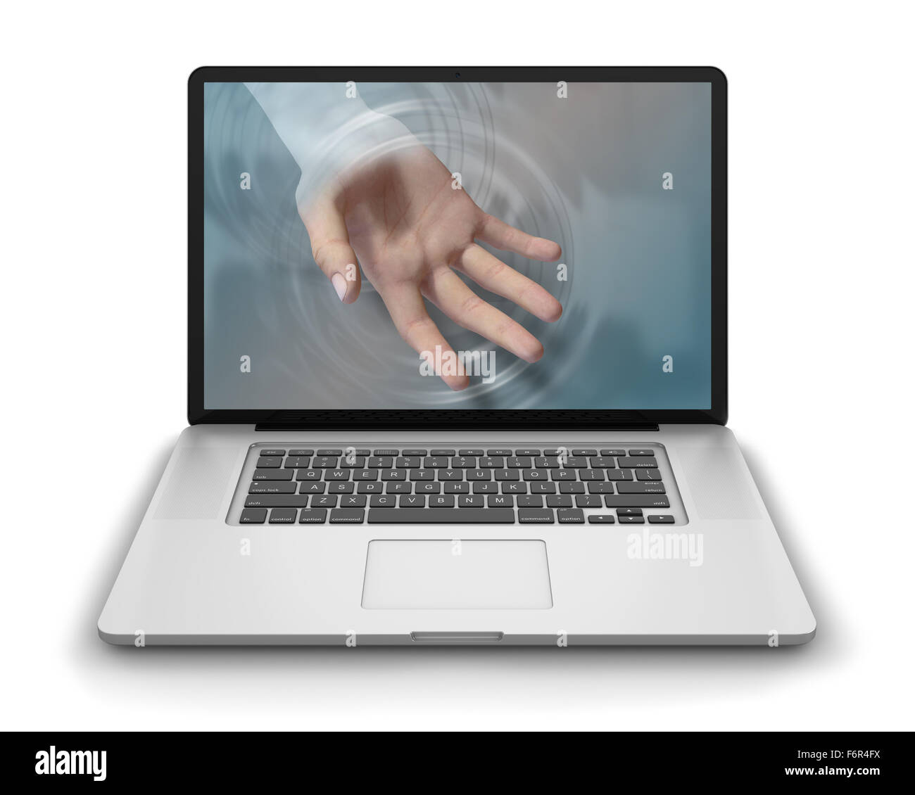 Helfende Hand erreicht durch Laptop-Computer Bildschirm ihre Benutzer Hilfe und Unterstützung anzubieten. Fotorealistische 3D render, isolat Stockfoto