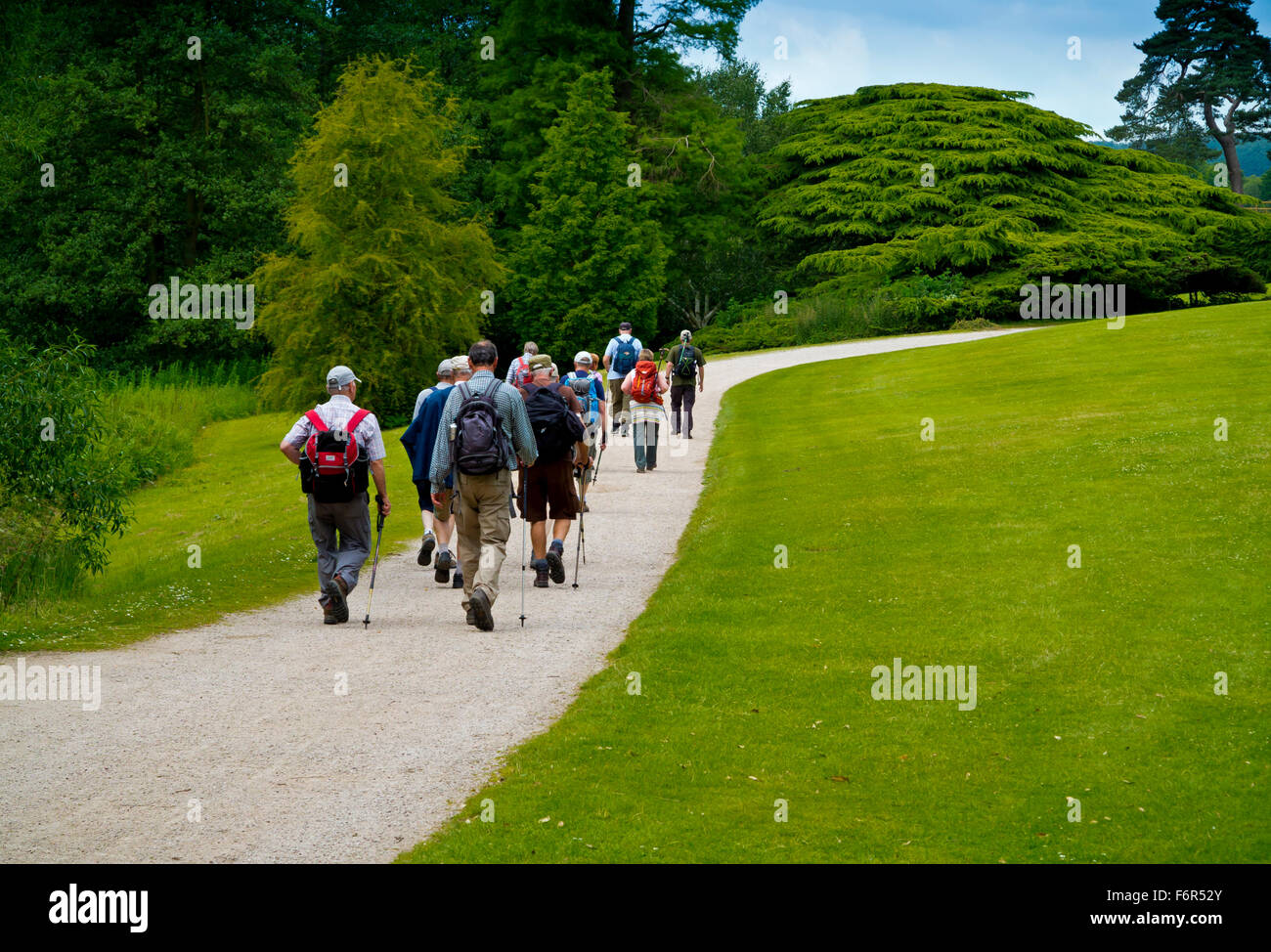Gruppe von Wanderern auf eine organisierte Wanderung auf einem Pfad durch einen Landschaftspark in Nottinghamshire, England UK Stockfoto