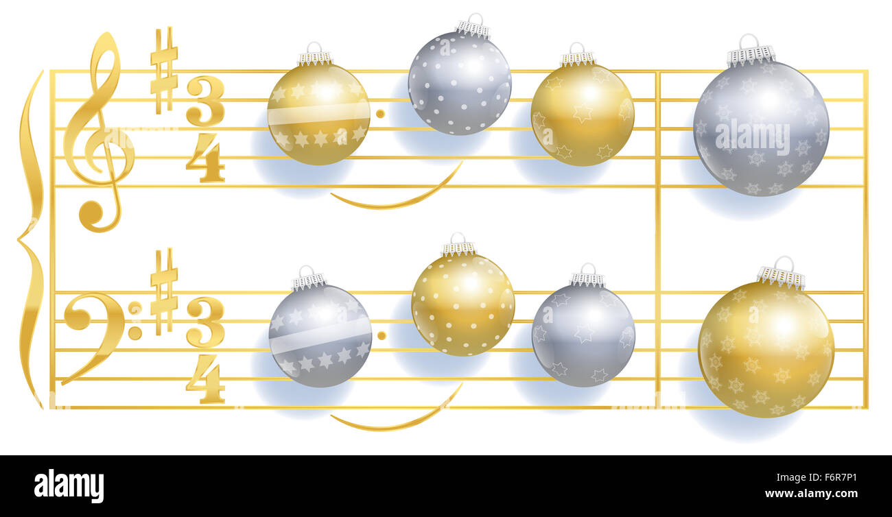 Stille Nacht Weihnachtslied Daube mit Christbaumkugeln anstelle von Noten. Abbildung auf weißem Hintergrund. Stockfoto
