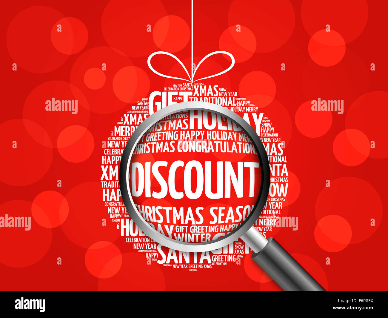 Rabatt-Christmas Ball Wort Wolke, Urlaub Schriftzug Collage mit Lupe Stockfoto