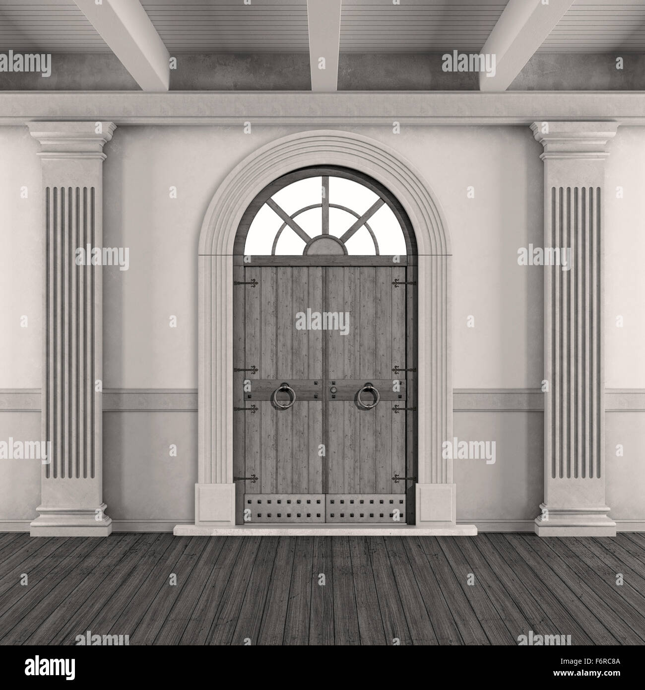 Schwarz / weiß klassische home Eingang mit alten Tür und Pilaster-3D Rendering Stockfoto