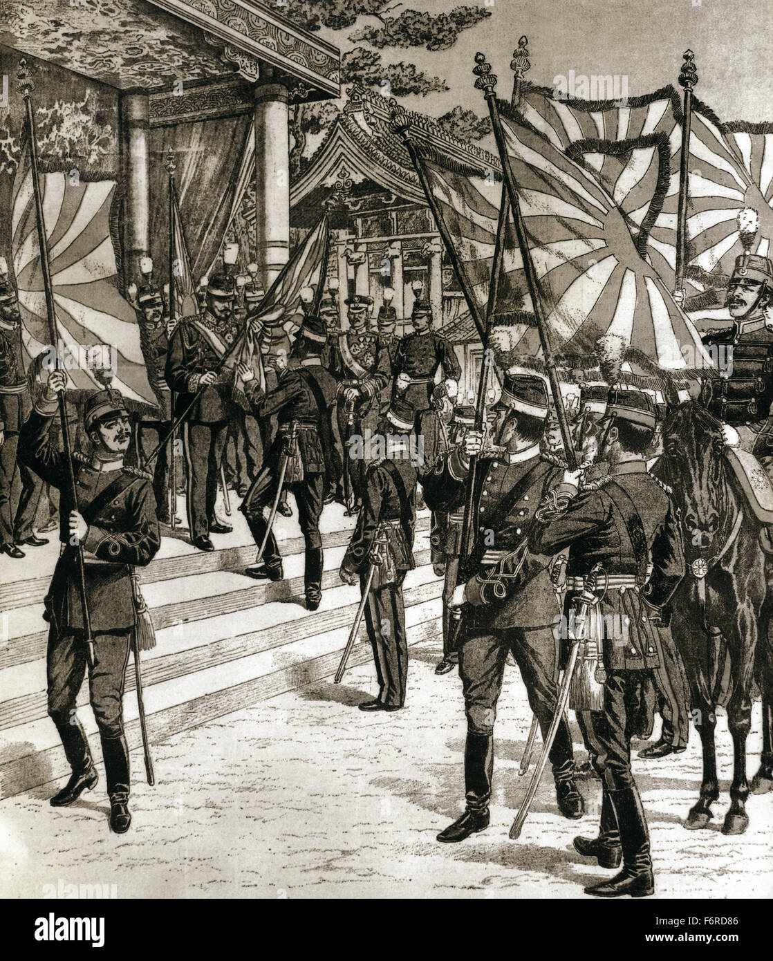 Russo-japanischer Krieg (1904-1905). Der japanische Kaiser Meiji (1852-1912) die Flagge zu seinen Truppen zu liefern. Gravur. Stockfoto