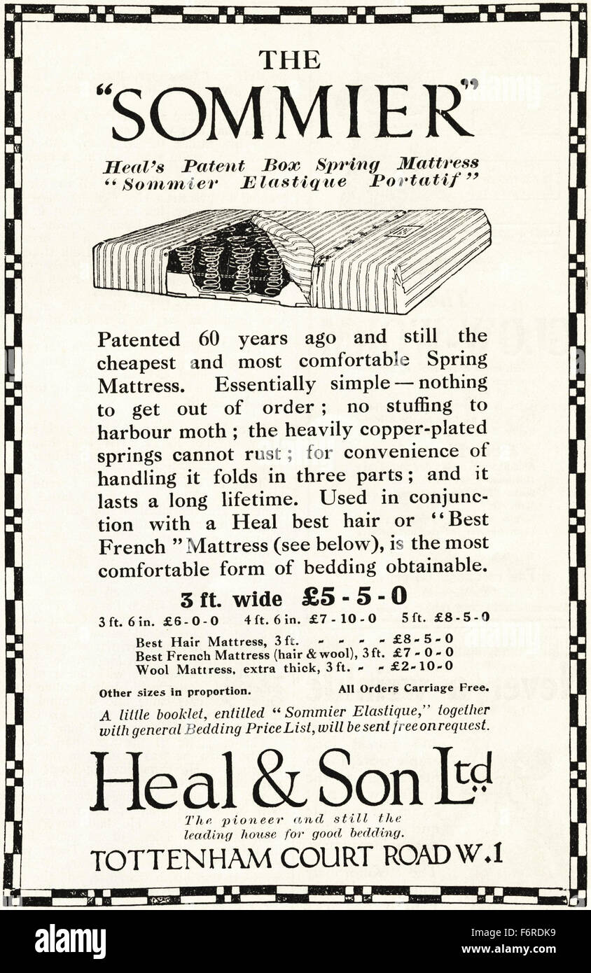 1920er Jahre Werbung. Anzeige datiert 1923 Werbung Sommier patent Boxspring Matratze von Heal & Son Ltd, Tottenham Court Road, London. Stockfoto