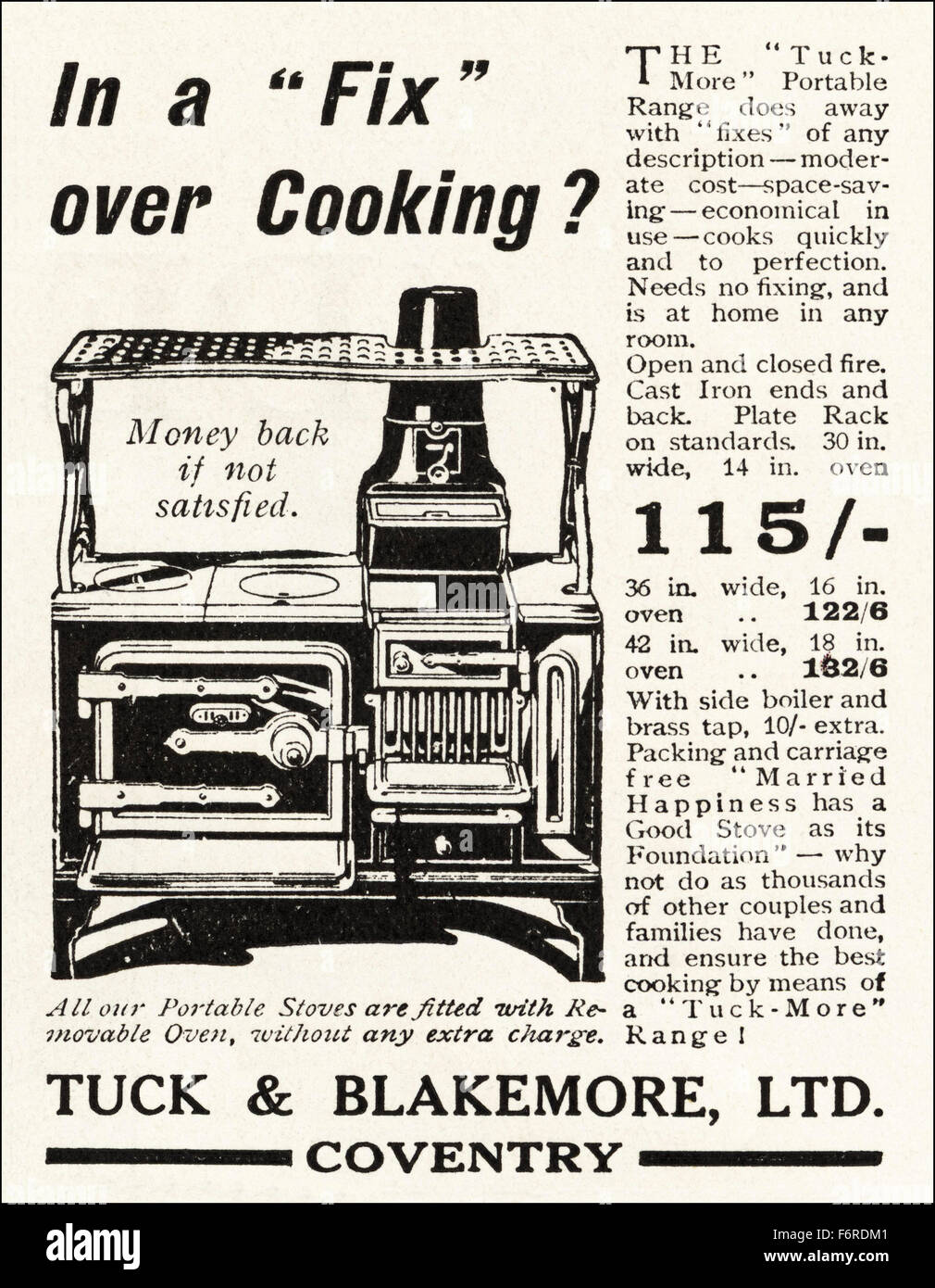 1920er Jahre Werbung. Anzeige datiert 1923 Werbung Festbrennstoff Tuck mehr tragbare Herd von Tuck & Blakemore Ltd., Coventry. Stockfoto
