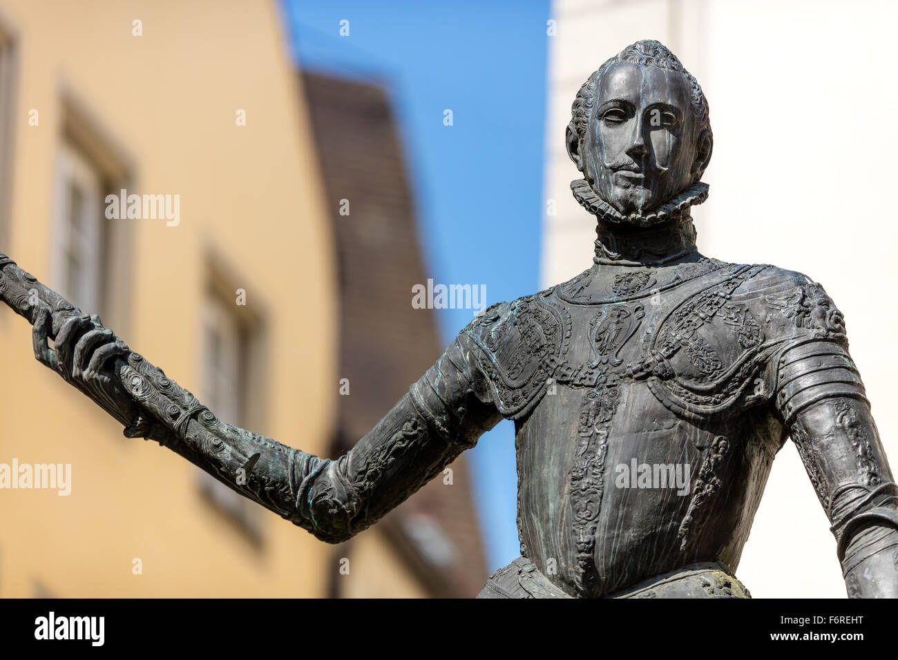 Don Juan de Austria, Statue, unehelicher Sohn von Kaiser Charles V, geboren in Regensburg im Jahre 1547, Zieroldsplatz, Deutschland, Stockfoto