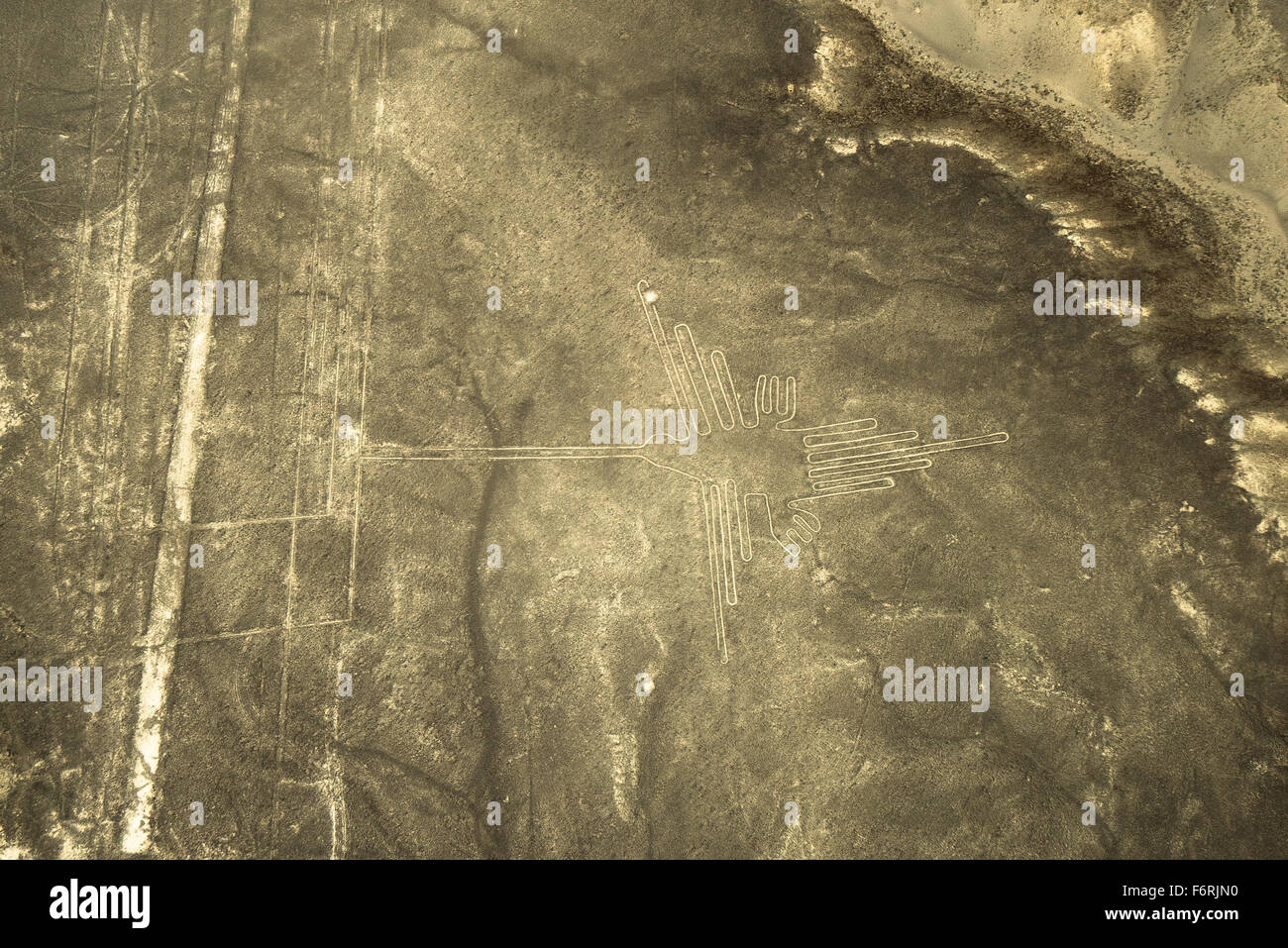 Luftaufnahme des Kolibri Geoglyph, Linien von Nasca, Peru Stockfoto