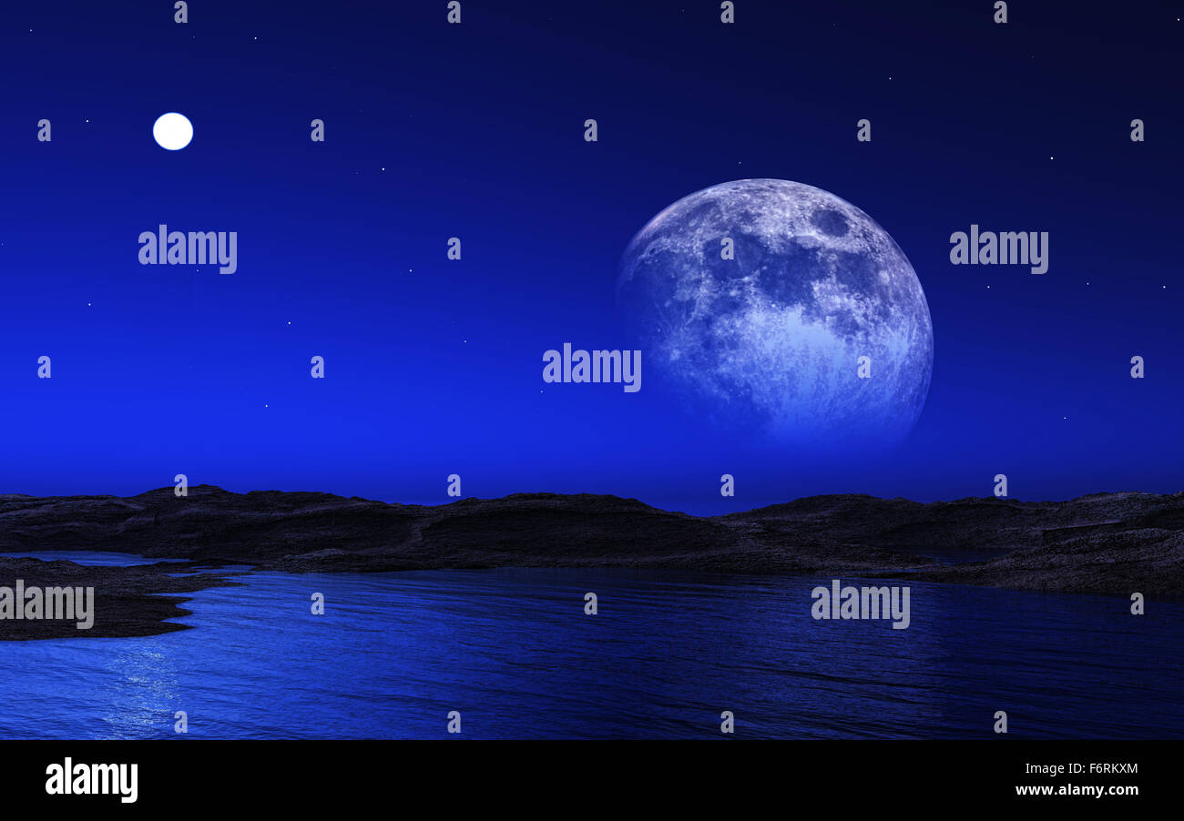 Alien 3D-Landschaft mit Mond Stockfoto