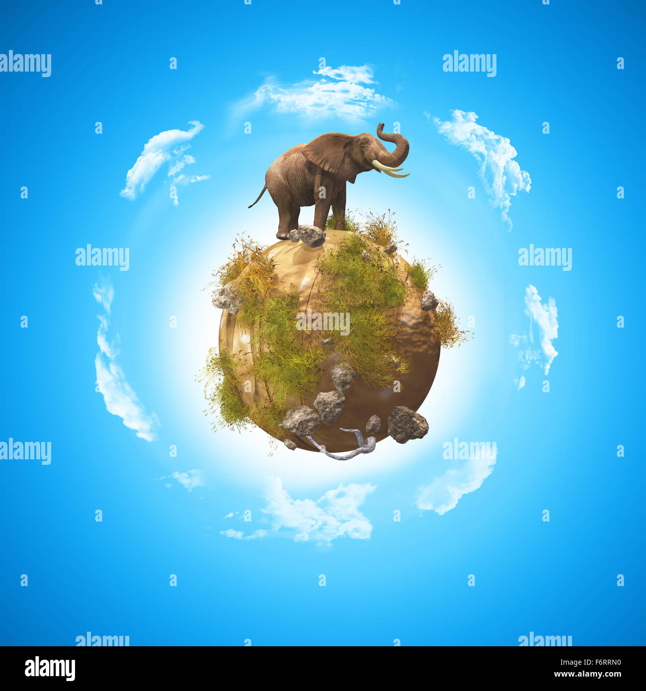 3D Rendern eines konzeptionellen Bildes mit einem Elefanten auf einem Globus mit Felsen und Rasen Stockfoto
