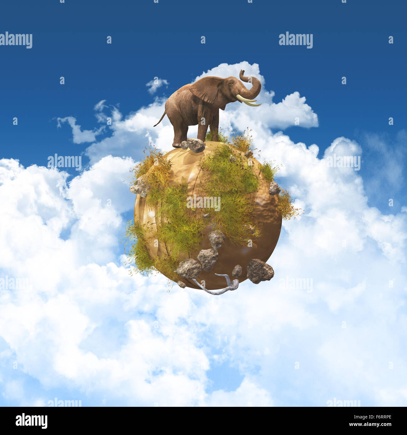 3D Rendern eines konzeptionellen Bildes mit einem Elefanten auf einem Globus mit Felsen und Rasen Stockfoto