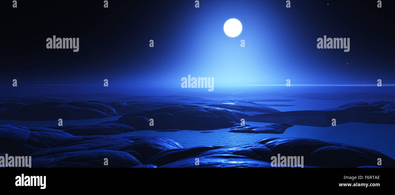 3D Rendern von alien Phantasielandschaft mit Mond in der Nacht Stockfoto