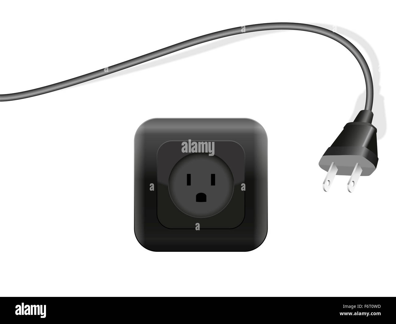 Stecker und Steckdose - beide schwarz. Abbildung auf weißem Hintergrund. Stockfoto