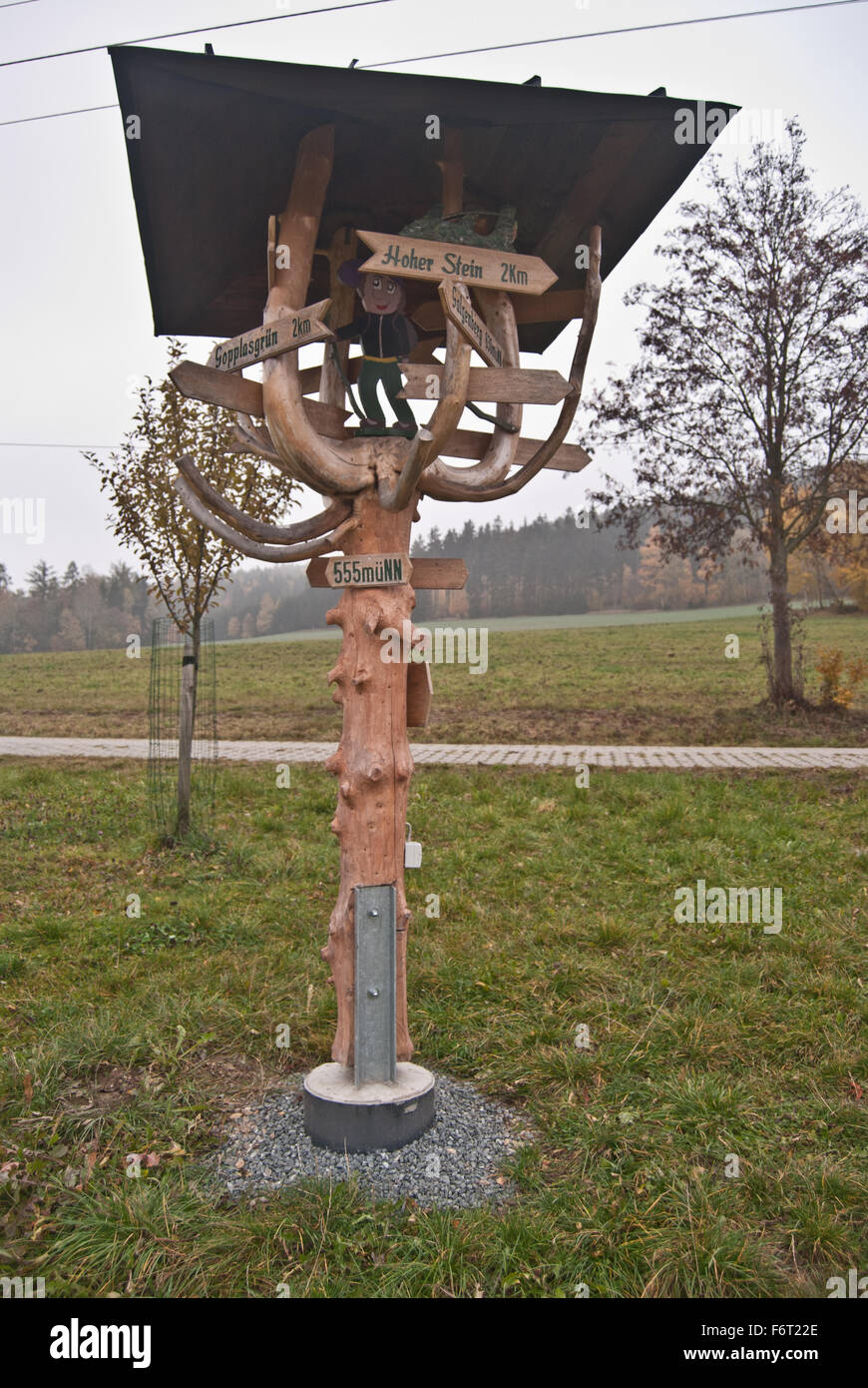 hölzerne Wegweiser über Erlbach Dorf in der Nähe von Markneukirchen im Erzgebirge brüllen Hohe Stein Berg in Sachsen Stockfoto