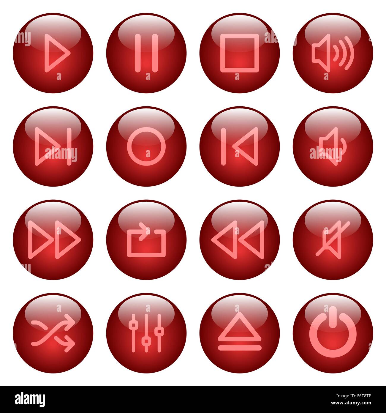 Satz von rot glänzend Runde Media-Player-Tasten. Layer-Struktur angeordnet. Stock Vektor