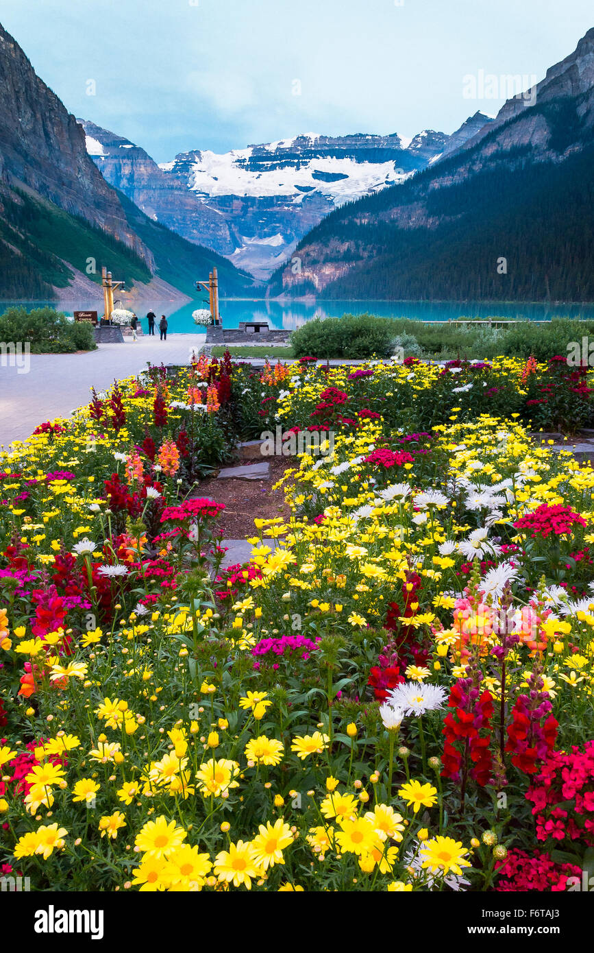 Garten vor Chateau Lake Louise, Lake Louise, Banff Nationalpark, Alberta, Kanada Stockfoto