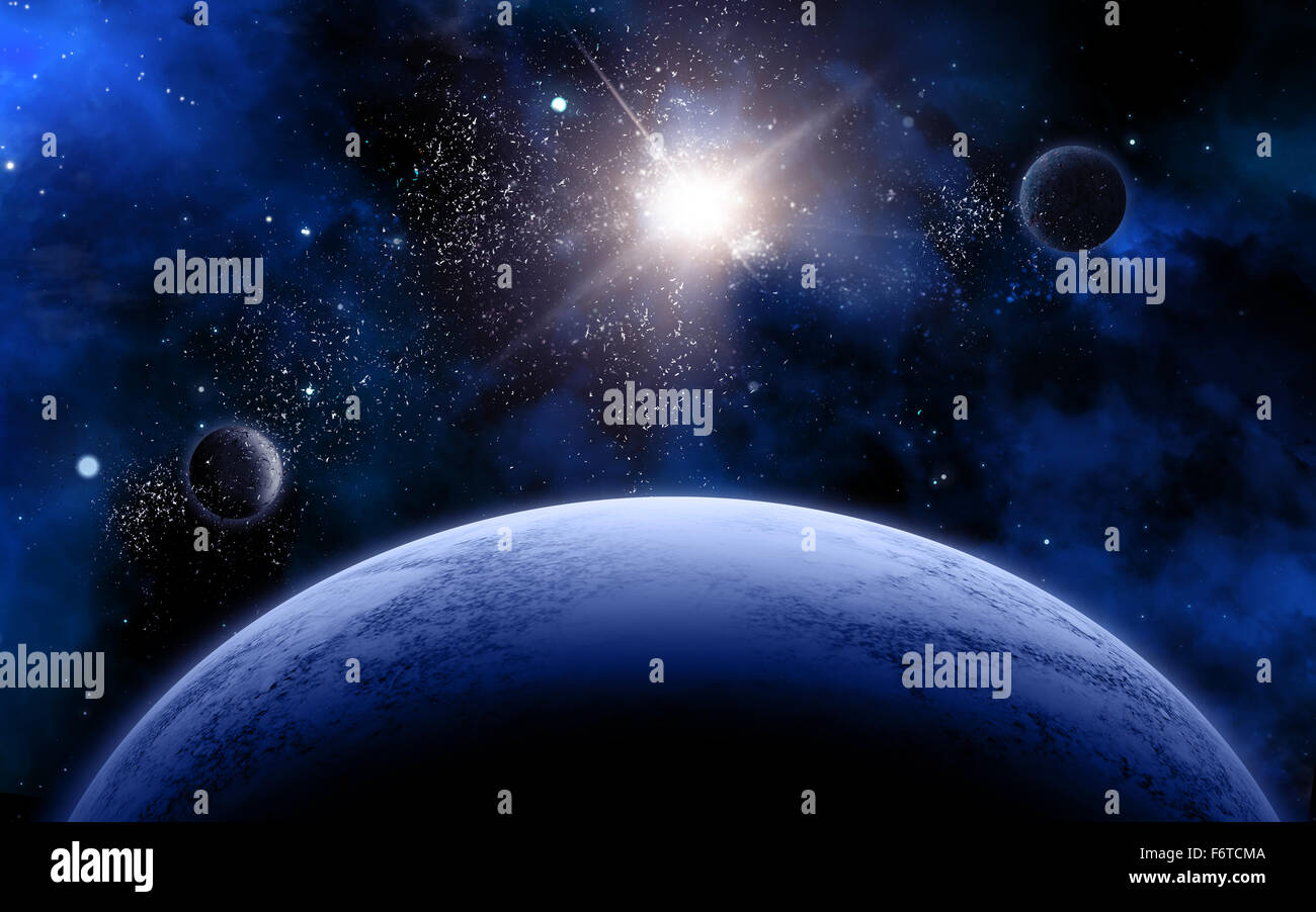 3D-Raum Szene mit fiktiven Planeten und Sterne Stockfoto