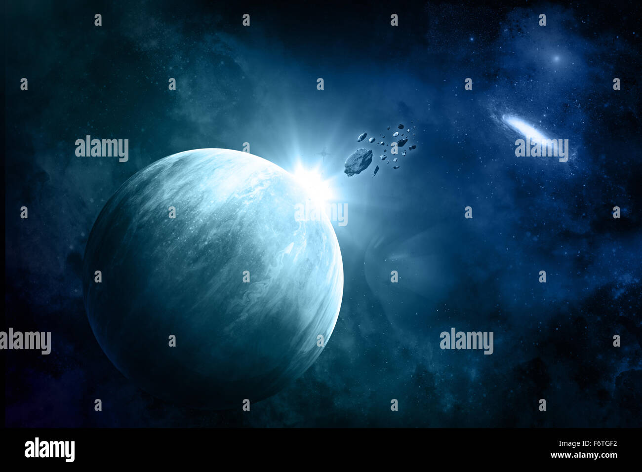 Weltraum Hintergrund mit fiktiven Planeten, Nebel und Meteoriten Stockfoto