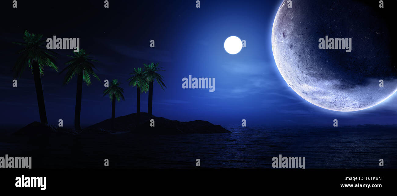 3D Rendern von Palm Tree Island mit Planeten und Mond am Himmel Stockfoto