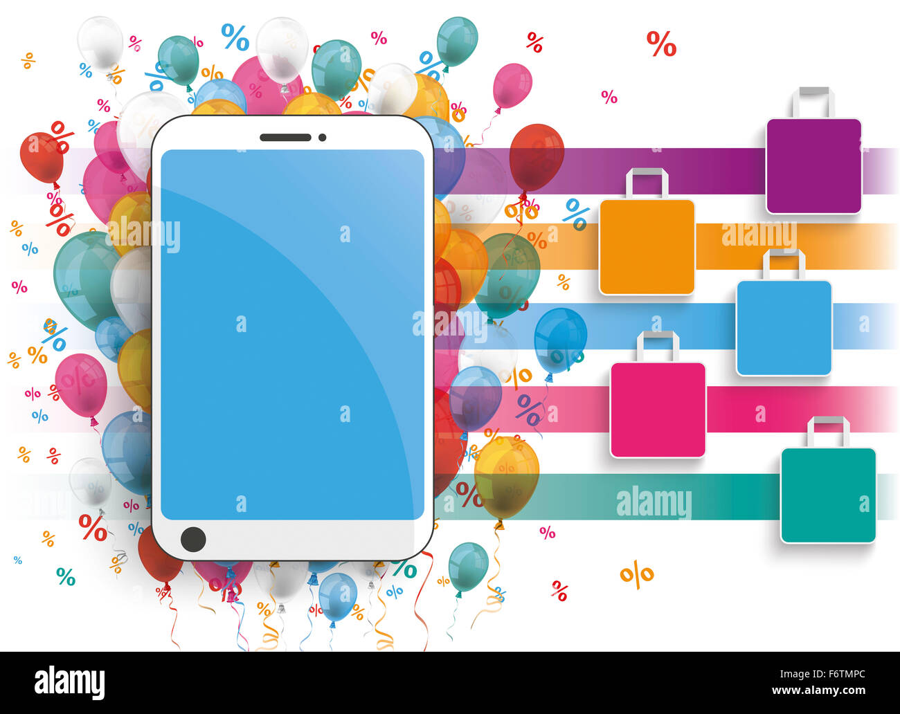 Smartphone mit bunten Luftballons, Tragetaschen und Prozentzeichen, illustration Stockfoto
