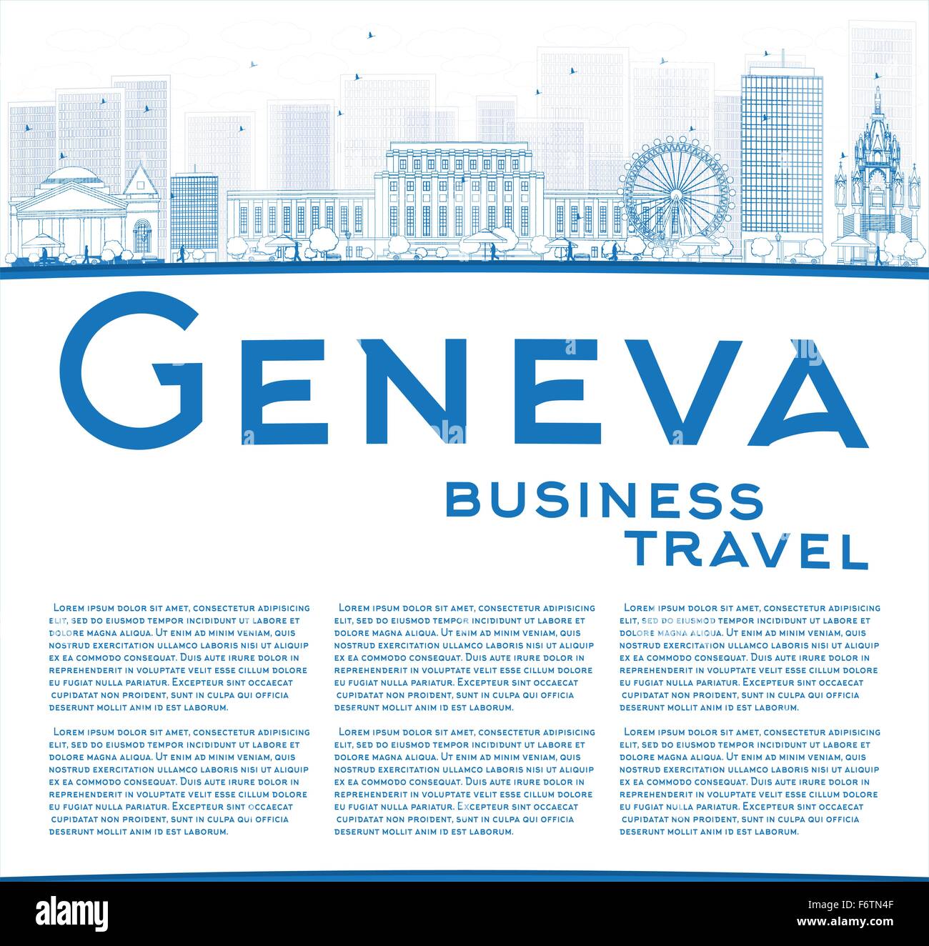 Umriss Genf mit blauen Wahrzeichen und textfreiraum Skyline. Vektor-Illustration. Business-Reisen und Tourismus-Konzept Stock Vektor
